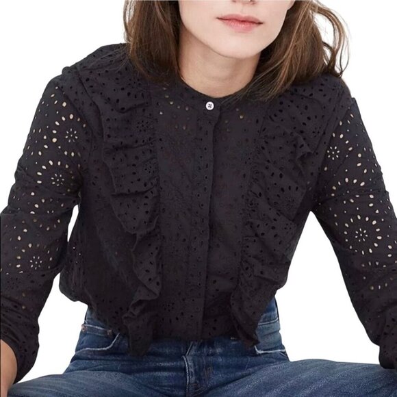Madewell Ruffled Front Eyelet Lace Black Button Front Blouse Size S - Picture 4 of 9